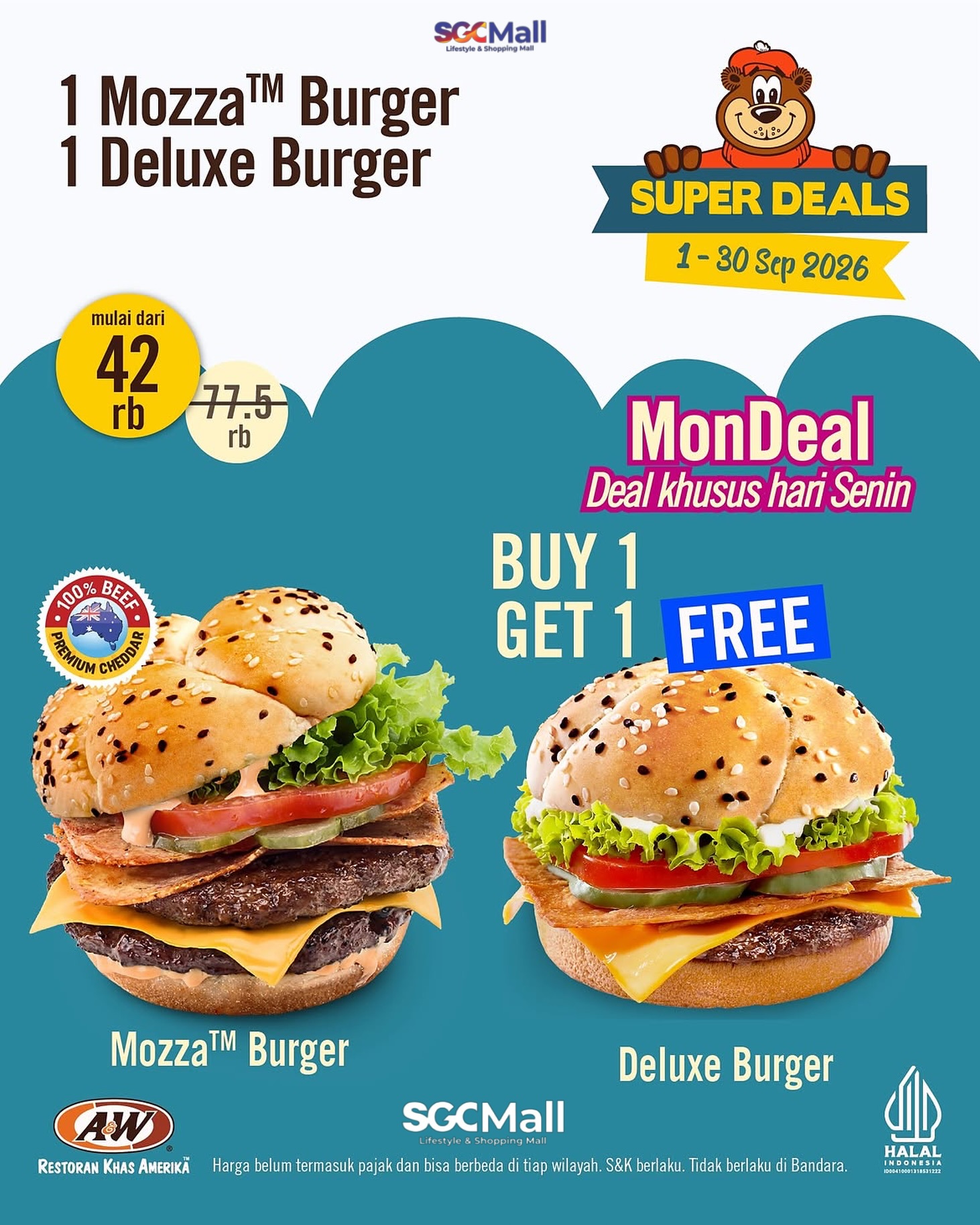 Senin lemas? Diobati pake promo MonDeal A&W aja! ๐โจ
Beli 1 Mozza Burger, gratis 1 Deluxe Burger cuma mulai dari 42rb-an aja! Pas banget buat nemenin makan siang bareng temen kantor atau doi biar awal minggu tetep semangat ๐๐ฅ
Yuk, buruan mampir ke A&W terdekat hari ini! ๐๐จ
S&K berlaku. Promo khusus hari Senin selama bulan September.